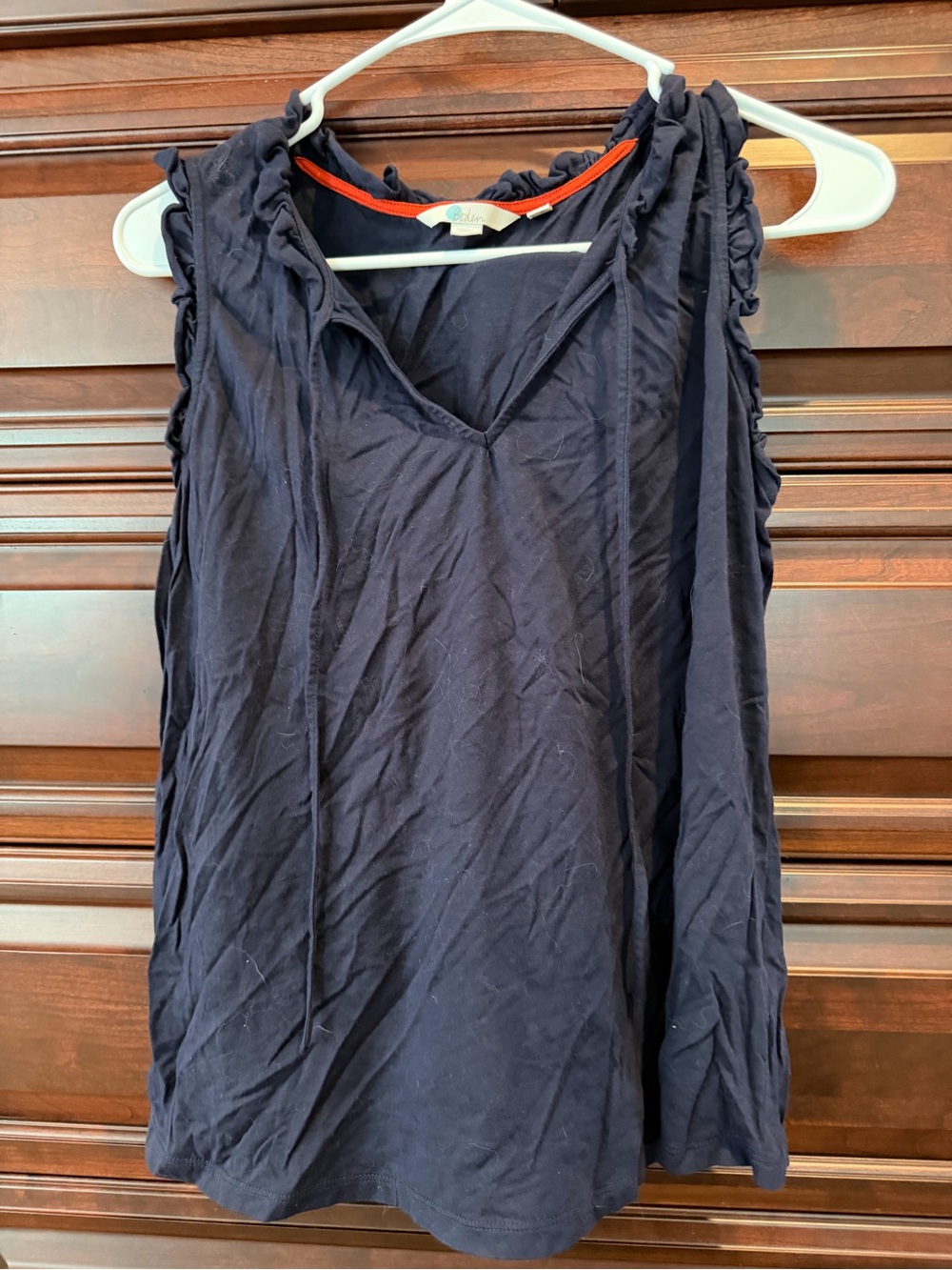 Boden Navy Sleeveless V-Neck Tank with Ruffle Trim